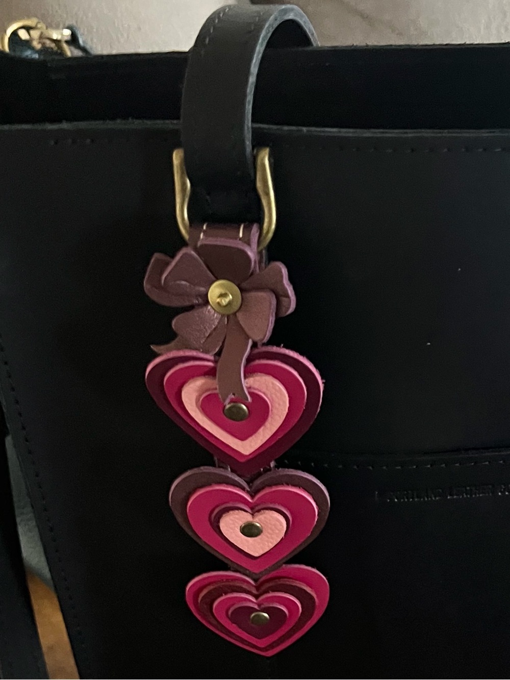 🩷Handcrafted Layered Heart Leather Bag Charm Pink & Burgundy Brass Hardware🩷